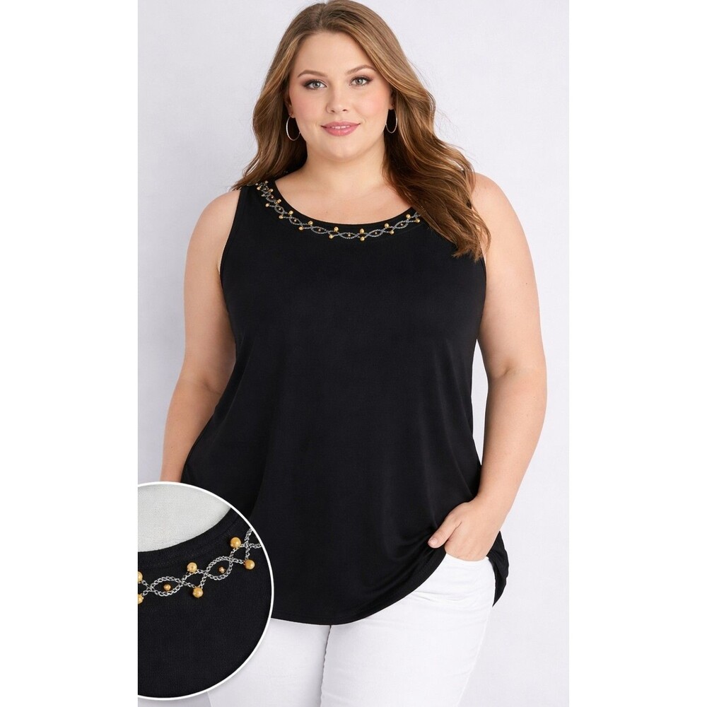 NWT REQUIREMENTS Womens 2X Embroidery Wooden Beads 100% Cotton Tank Top Black